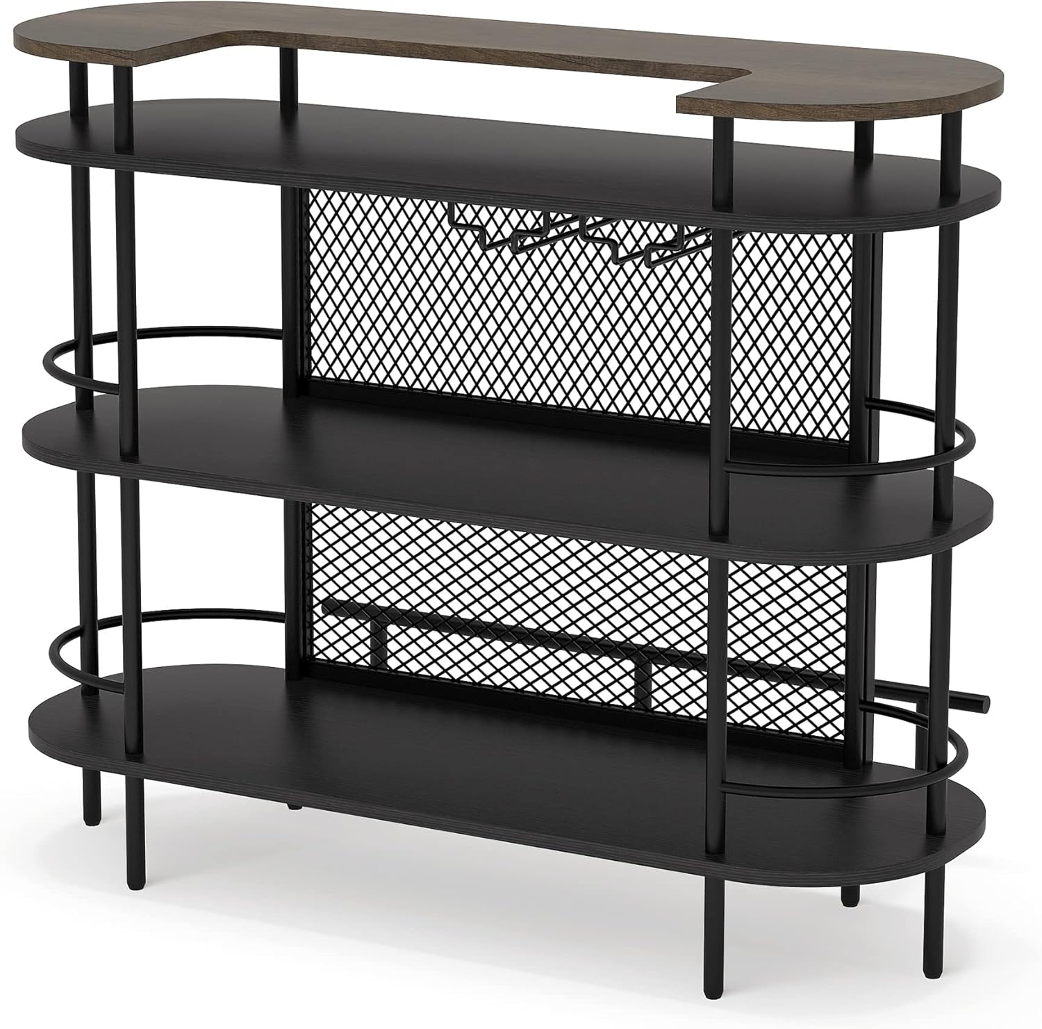 Bar Cabinet with Storage Shelves, Wine Glasses Holder, Black and Walnut P4787