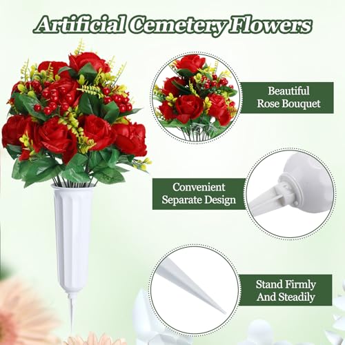 Artificial Cemetery Flowers for Grave Memorial Day Rose Bouquet with Vase F3235