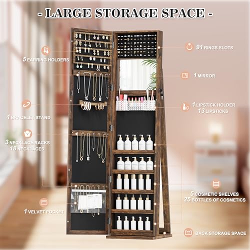 Jewelry Cabinet with Full-Length Mirror and Lockable Storage, Brown T81248