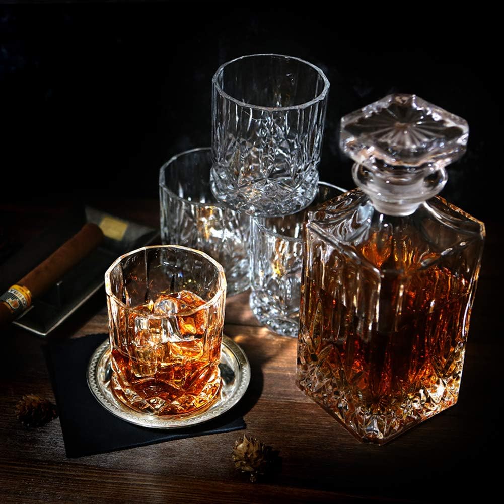 Italian Crafted Glass Whiskey Decanter Set with 4 Old Fashioned Glasses M73354