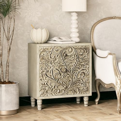 3 Drawer Farmhouse Dresser with Embossed Flower Motif, Vintage Nightstand for Bedroom R1559