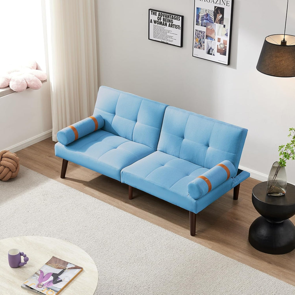 Linen Futon Sofa Bed Convertible Sleeper with Solid Wood Legs G422671