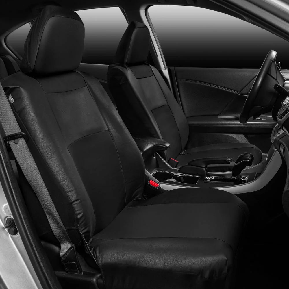 Black Faux Leather Car Seat Covers Full Set Front Rear Bench Y46449