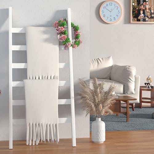 Bamboo Blanket Ladder, 6 Tier, 68.9 Inch Tall, White V9281