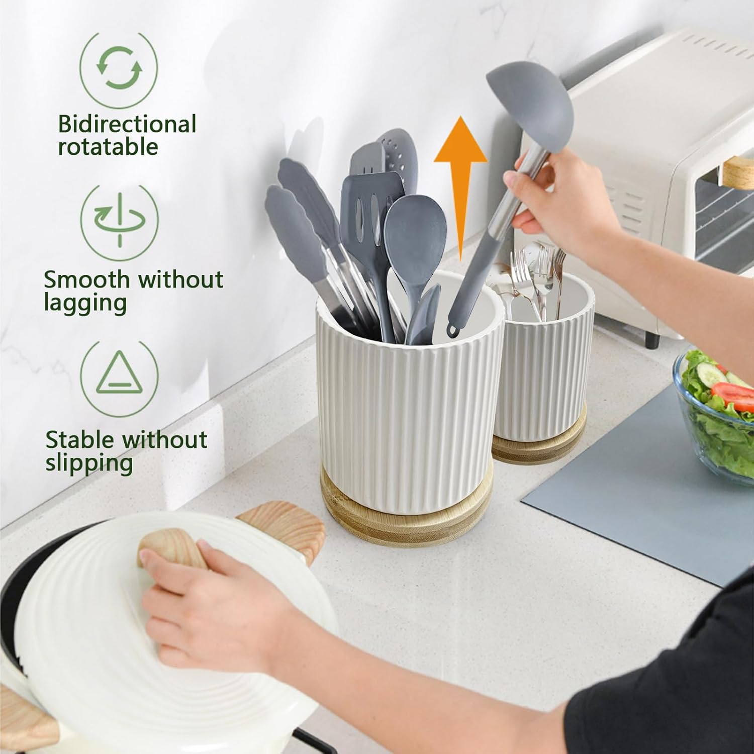360° Rotating Kitchen Utensil Holder for Countertop, White Ceramic, Set of 2 A3875