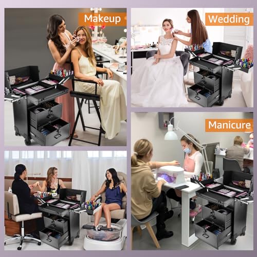 Rolling Makeup Train Case with Wheels, Sliding Drawer & Keys N3025