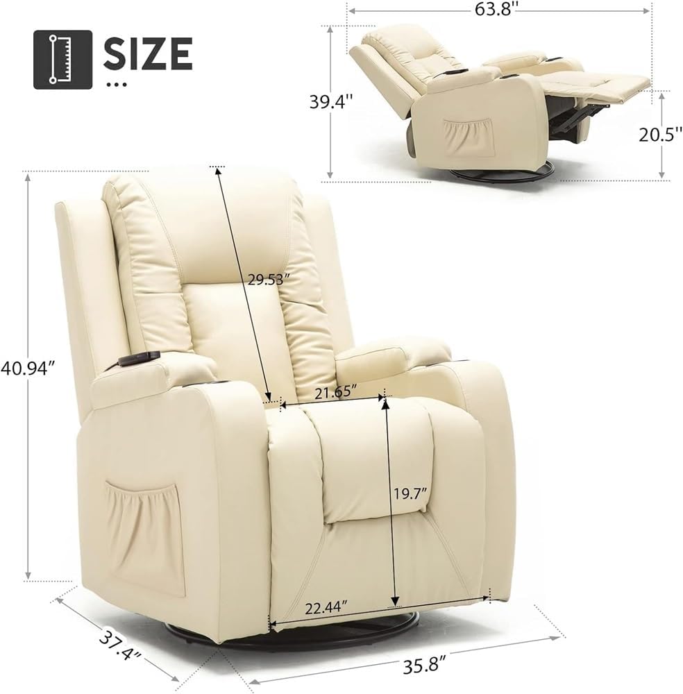 Massage Recliner Chair with Heated PU Leather, 360 Degree Swivel, Cream H9993