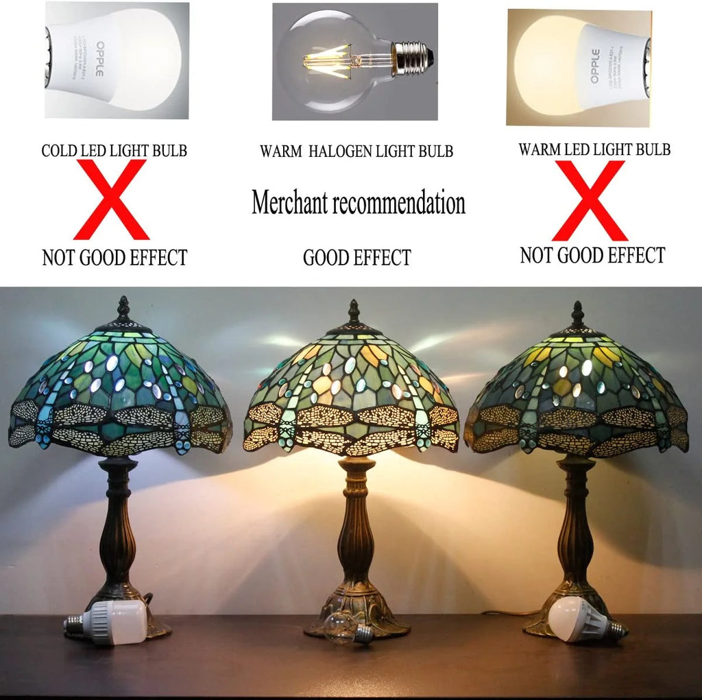 Stained Glass Table Lamp with Metal Base, 24" Tall, Sea Blue Dragonfly Style U808