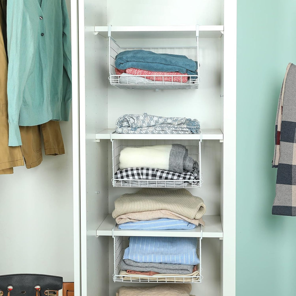 Under Closet Shelf Basket Hanging Clothes Storage Organizer with Hooks P180002