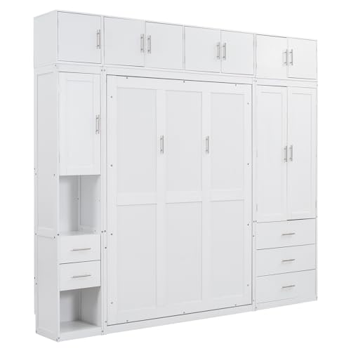 Full Size Murphy Bed Wall Bed with Lockers and Wardrobes, Wooden Folding Cabinet Bed for Bedroom, Guest Room or Home Office M917276