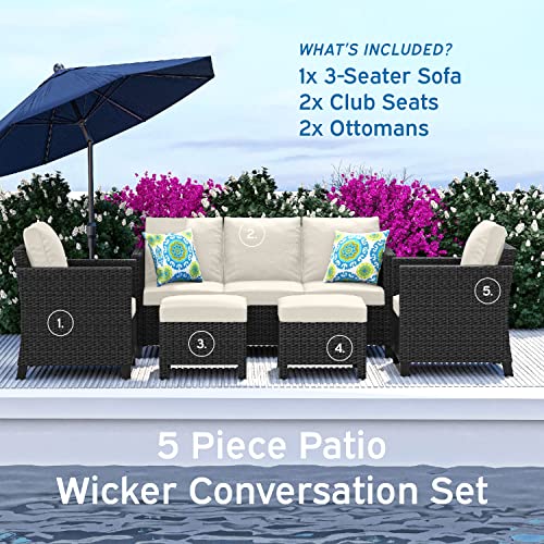 Outdoor Patio Sectional Furniture Set, 5 Piece, Brown Wicker with Beige Cushions Q713016