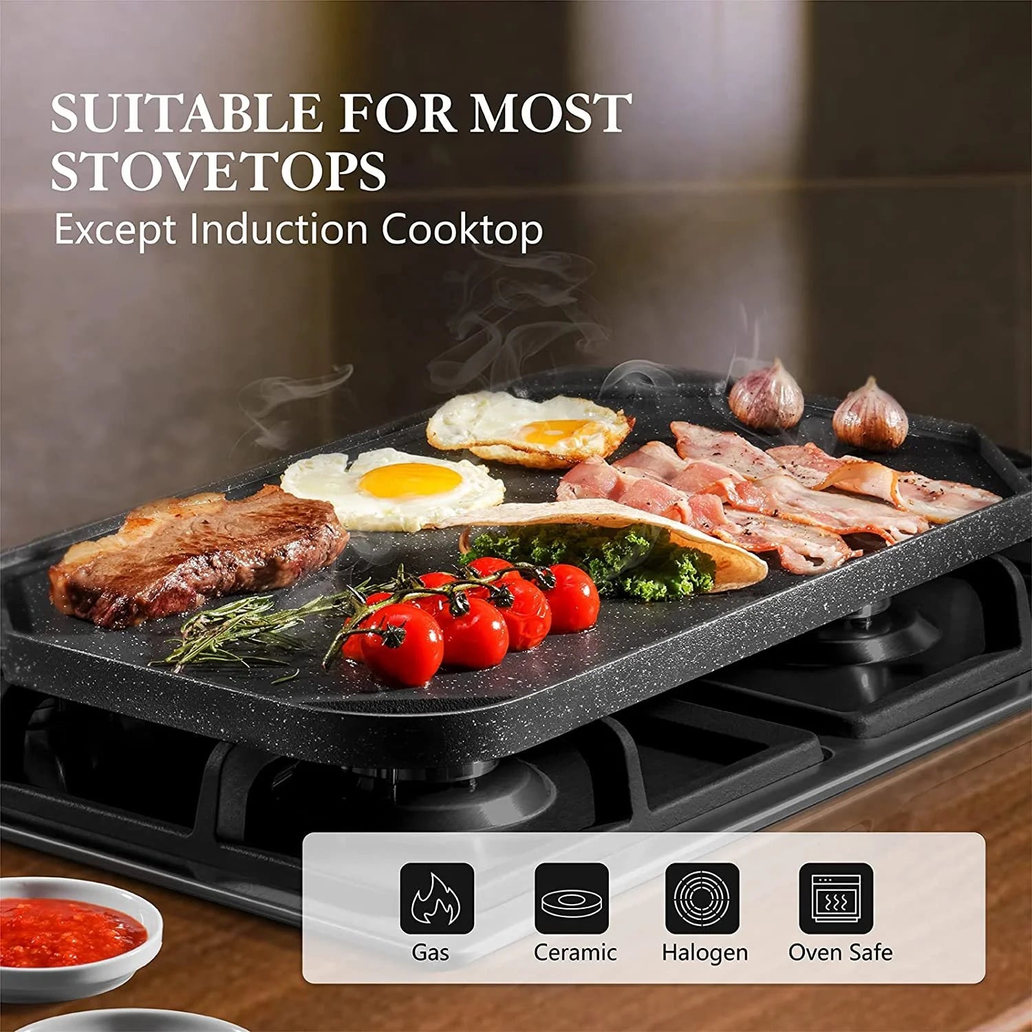 Nonstick Reversible Grill & Griddle Pan, Two Burner Cast Aluminum, Indoor Stovetop or Outdoor Camping, 19.5" x 10.7" B9380