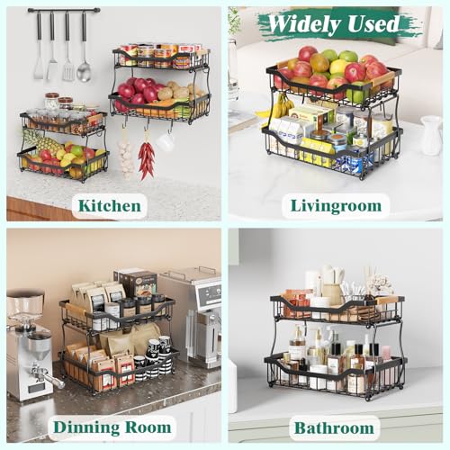3 Tier Countertop Fruit Basket with Banana Hangers, Black C7474