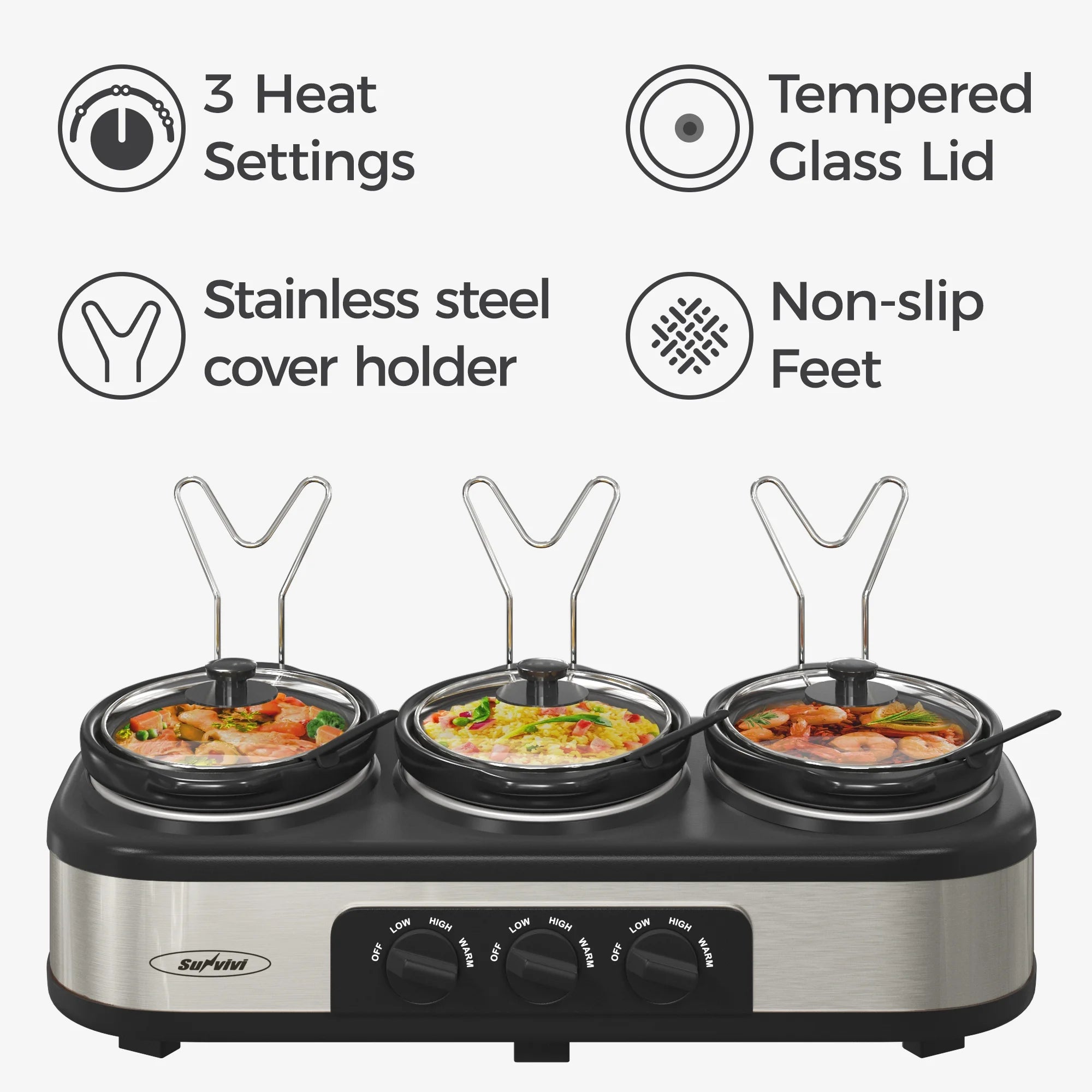 3 Pot 1.5 Quart Slow Cooker Buffet Server with Spoons, Stainless Steel K758414