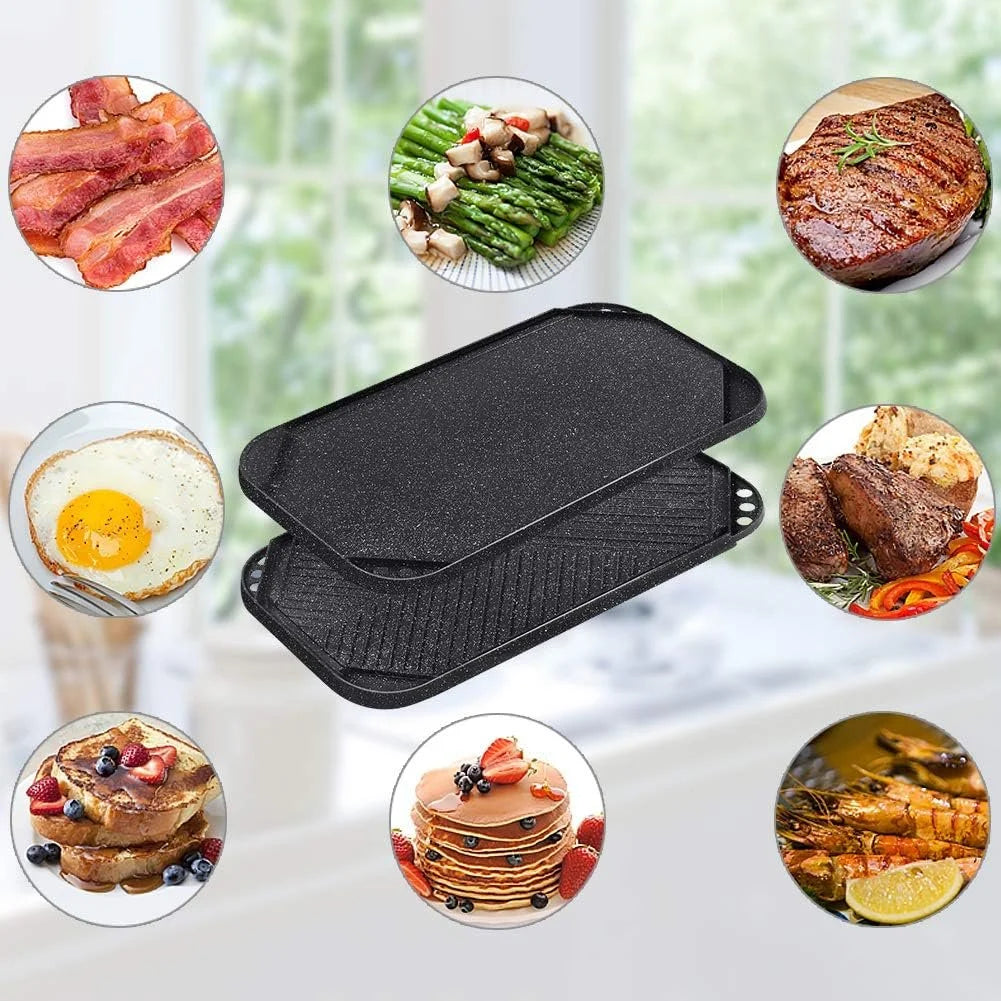 Nonstick Reversible Grill & Griddle Pan, Two Burner Cast Aluminum, Indoor Stovetop or Outdoor Camping, 19.5" x 10.7" B9380