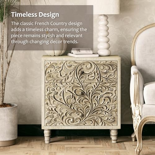 3 Drawer Farmhouse Dresser with Embossed Flower Motif, Vintage Nightstand for Bedroom R1559