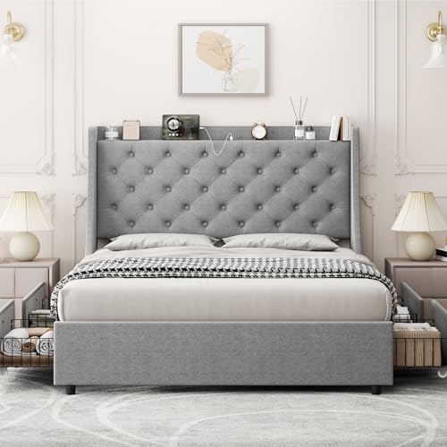 Queen Bed Frame with 4 Storage Drawers, USB Charging Port, Upholstered Wingback Headboard W4165