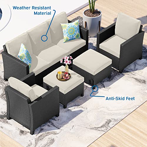 Outdoor Patio Sectional Furniture Set, 5 Piece, Brown Wicker with Beige Cushions Q713016
