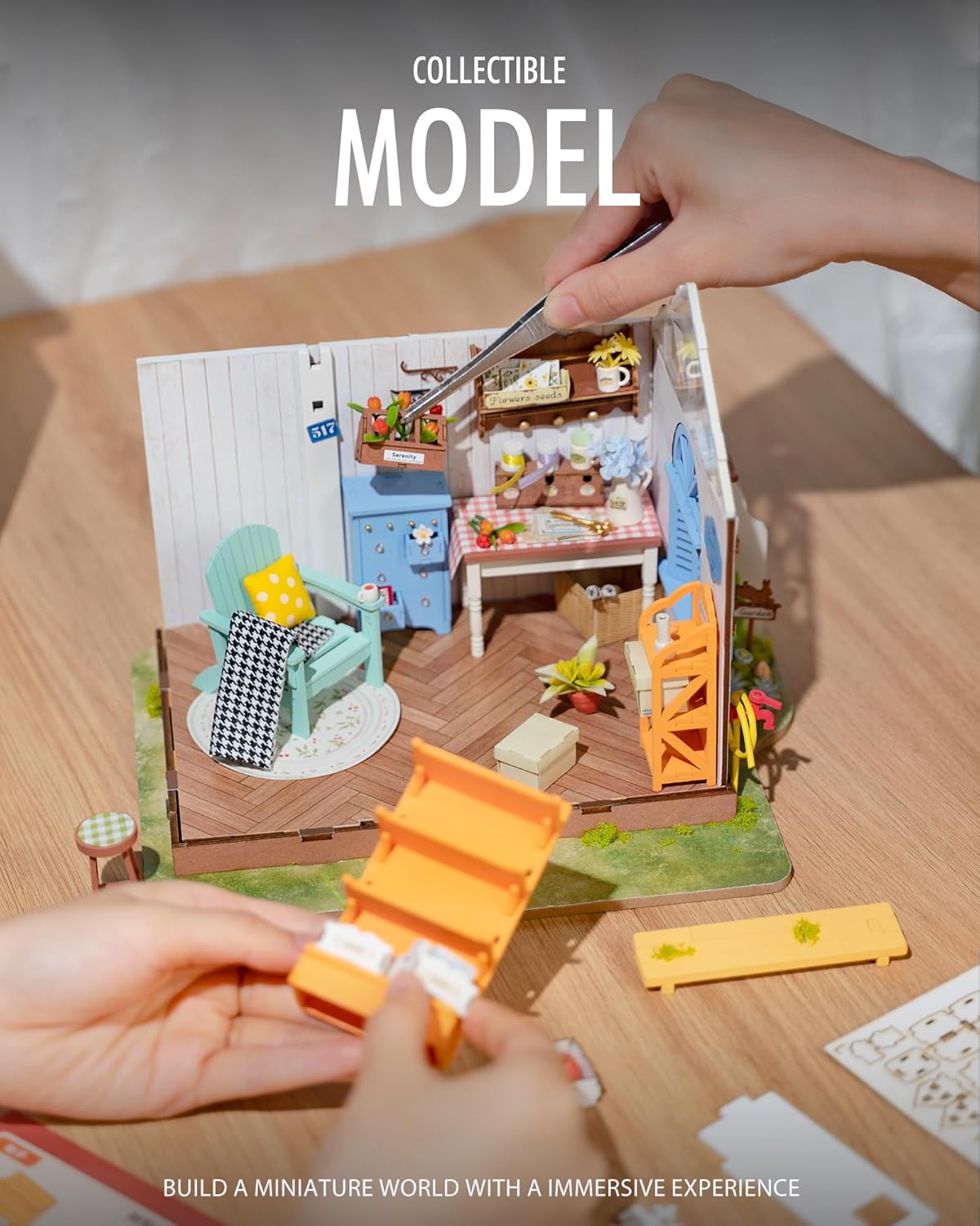 DIY Miniature Dollhouse Kit, Greenhouse Diorama Building Set with LED, Hobby Craft for Adults and Teens D33768