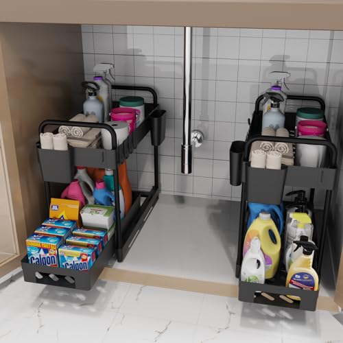 2 Pack Double-Layer Under Sink Organizer with Sliding Shelf, 4 Hooks and Cup Slot A50842