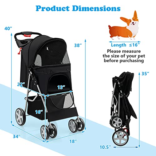 4 Wheels Pet Stroller, Folding Cat Dog Stroller with Storage Basket, Adjustable Canopy, All-Terrain EVA Wheels K1921