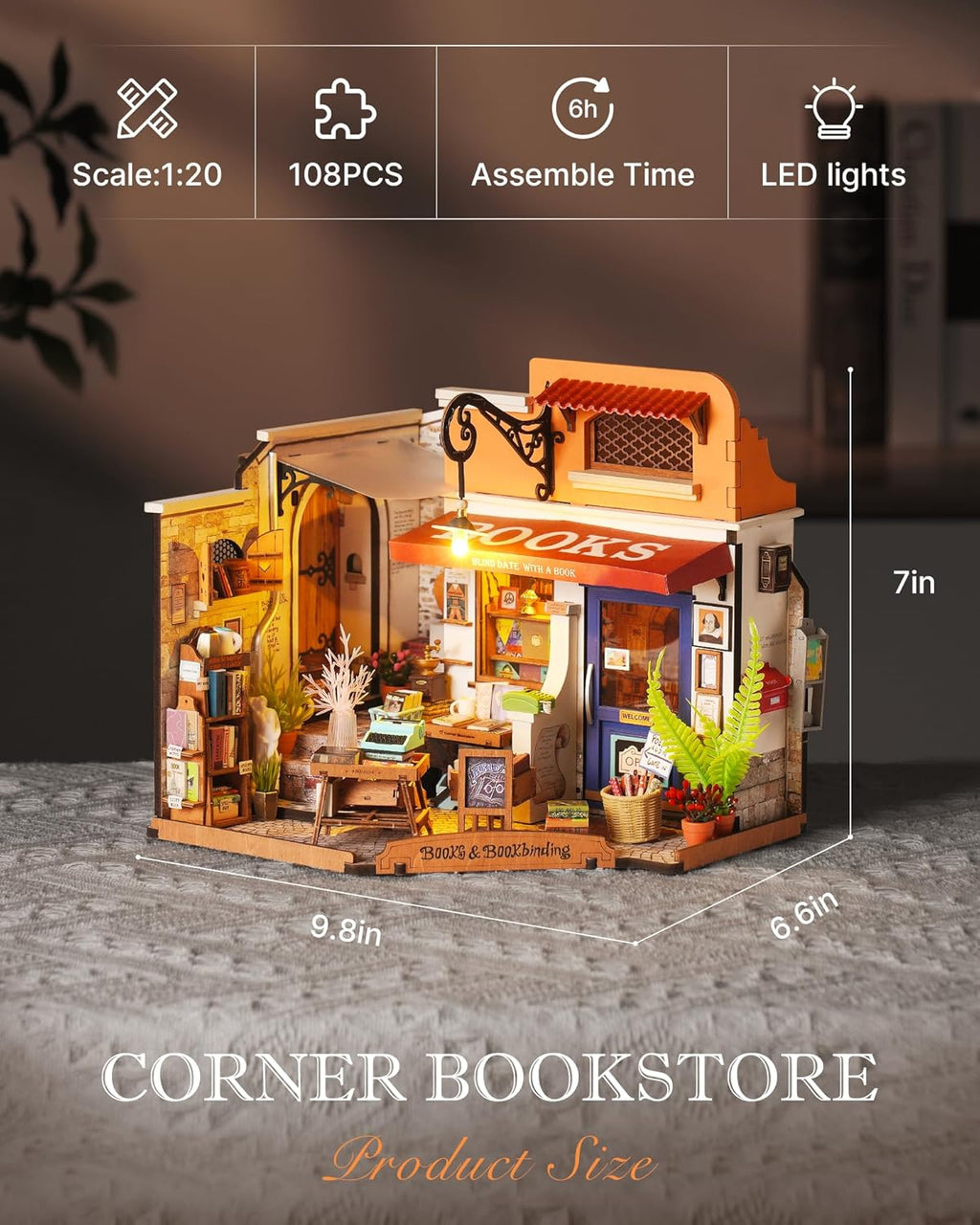 DIY Miniature House Kit with LED Lights, Bookstore Building Craft Set H773