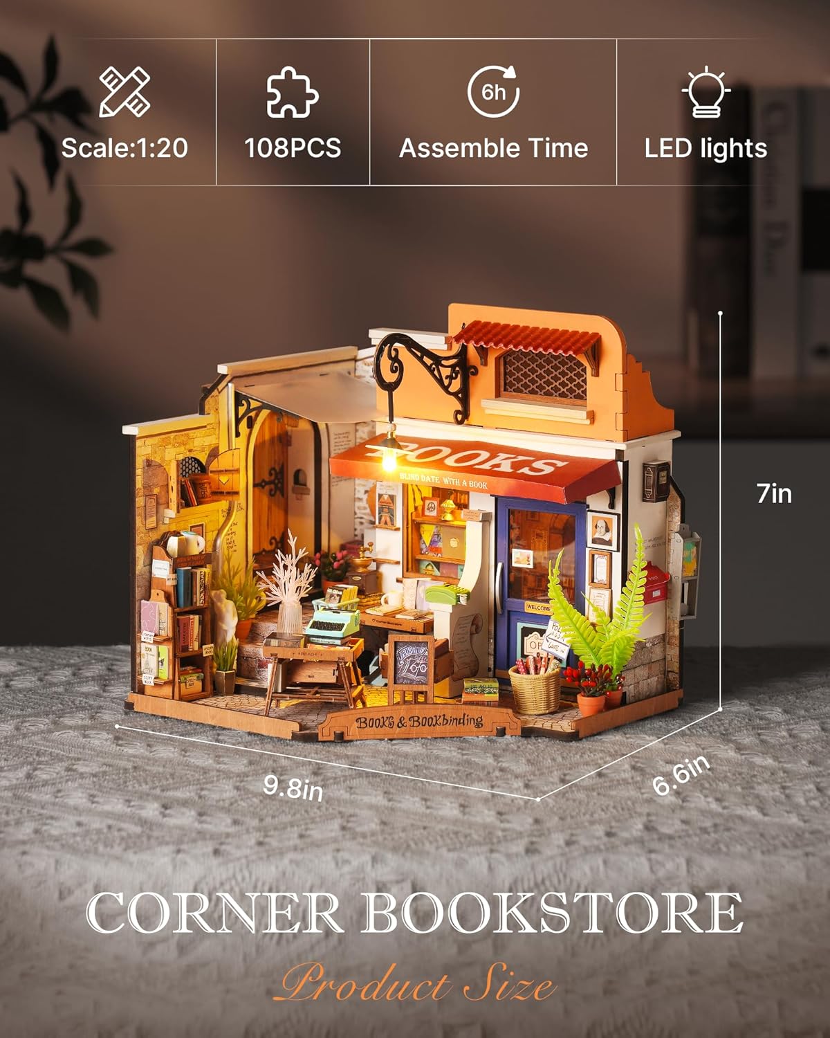 DIY Miniature House Kit with LED Lights, Bookstore Building Craft Set H773