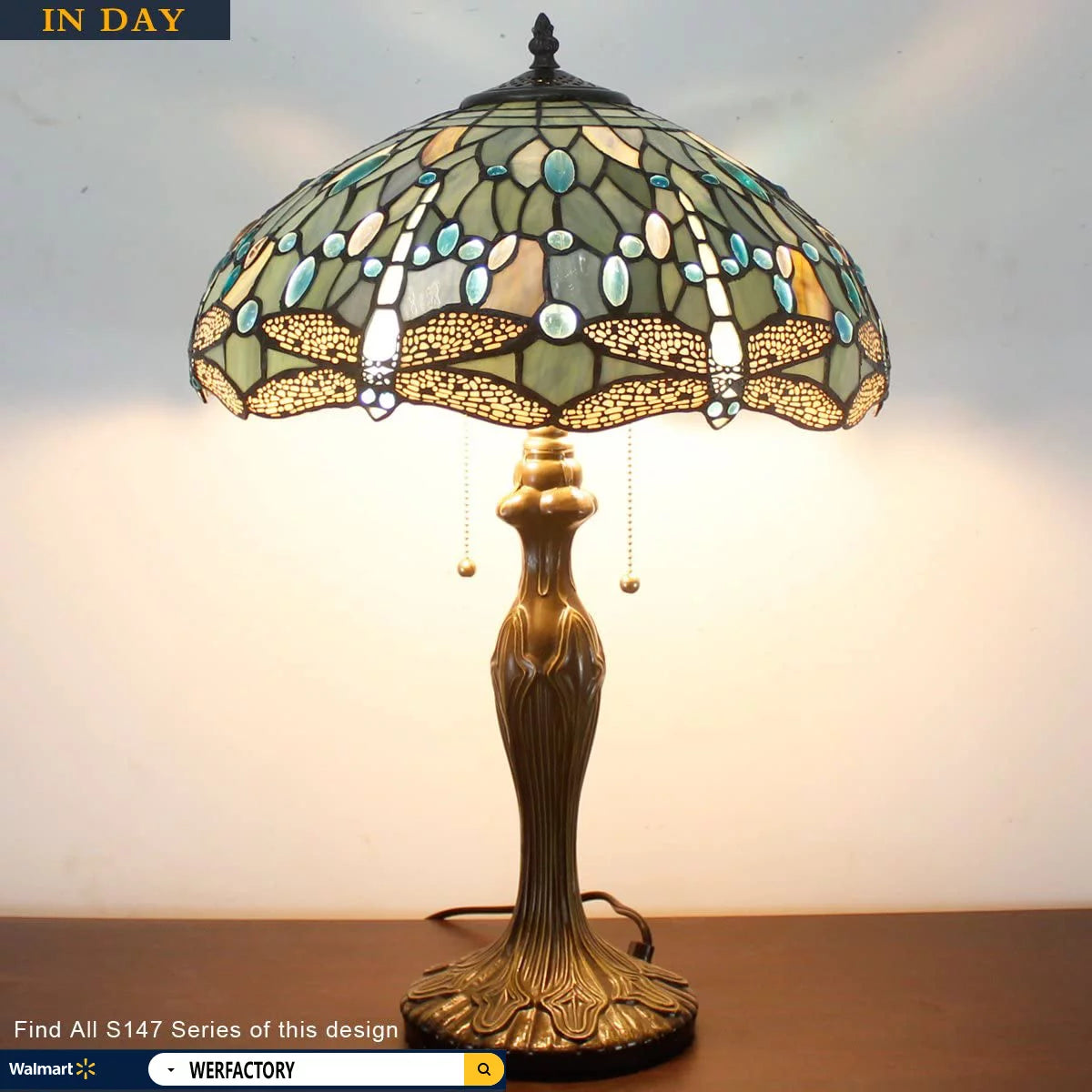 Stained Glass Table Lamp with Metal Base, 24" Tall, Sea Blue Dragonfly Style U808