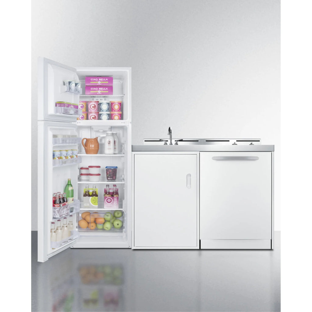 All-in-one kitchenette with full-size fridge, dishwasher, sink, and 2-burner cooktop C267639