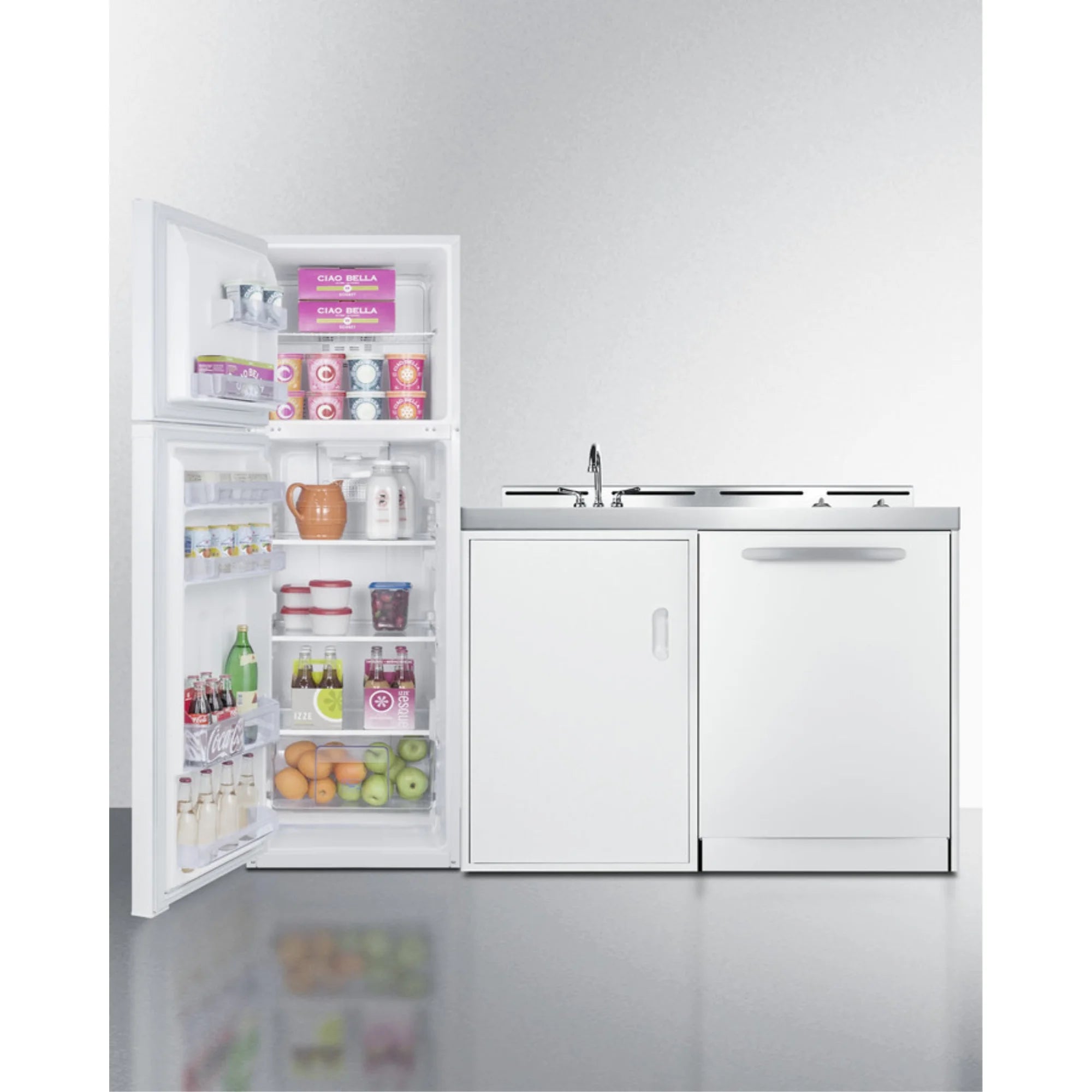 All-in-one kitchenette with full-size fridge, dishwasher, sink, and 2-burner cooktop C267639