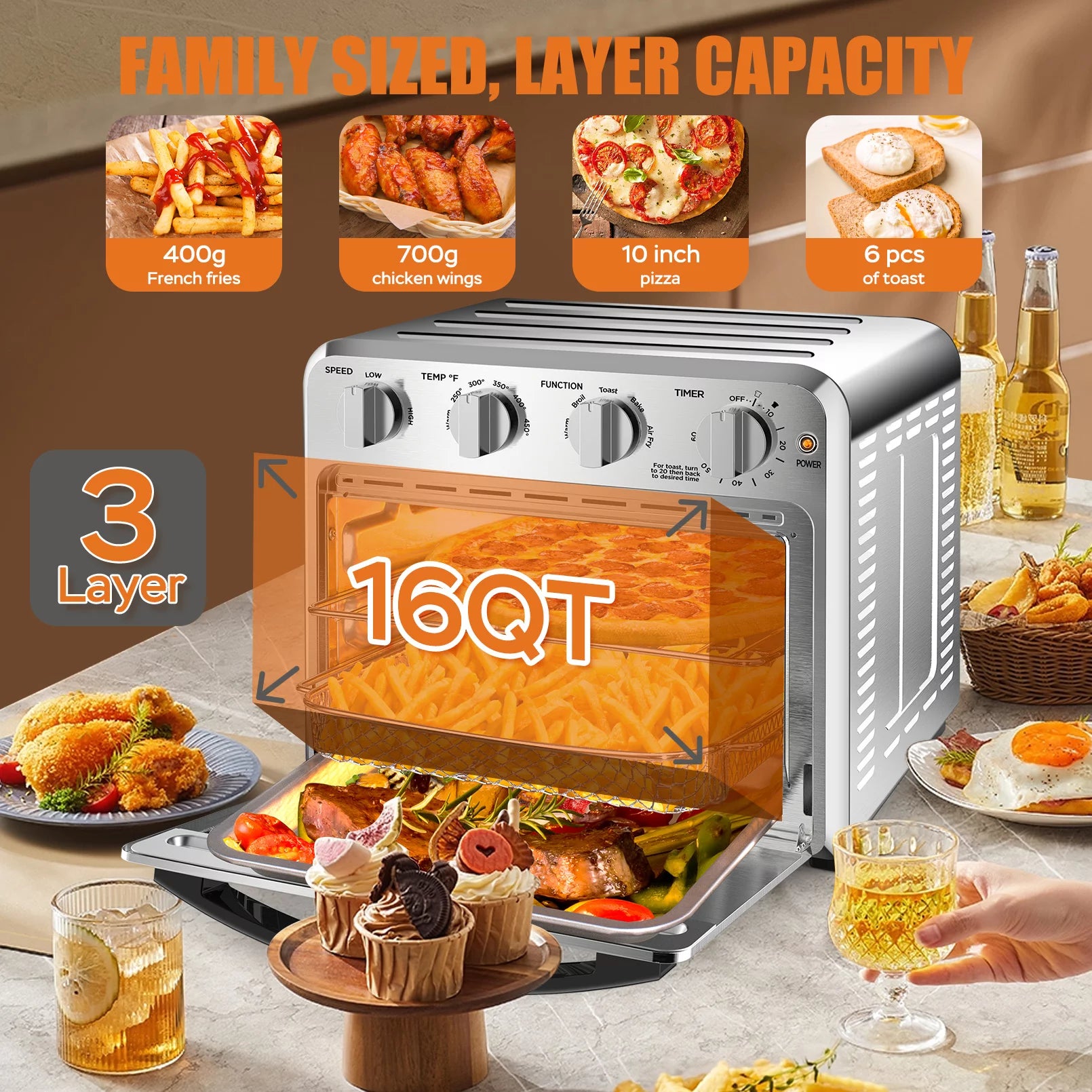 16QT Air Fryer Toaster Oven Combo, Oil-Free, Accessories Included O542399