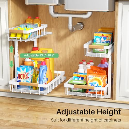 Under Sink Organizer 2 Pack, 2 Tier Metal Slide Out Shelf for Kitchen Bathroom R795