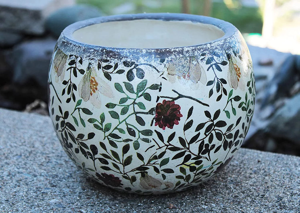 Ceramic round planters for garden, floral print L8346