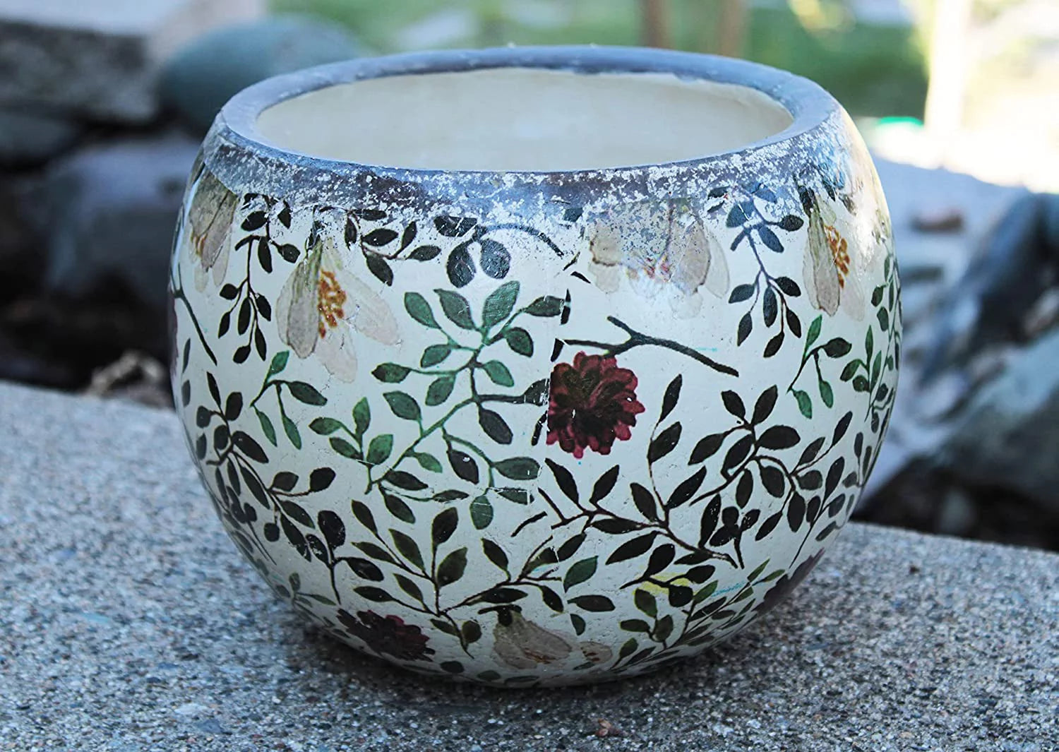 Ceramic round planters for garden, floral print L8346