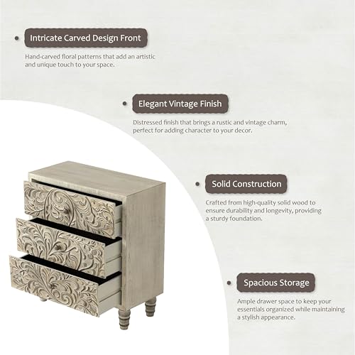 3 Drawer Farmhouse Dresser with Embossed Flower Motif, Vintage Nightstand for Bedroom R1559