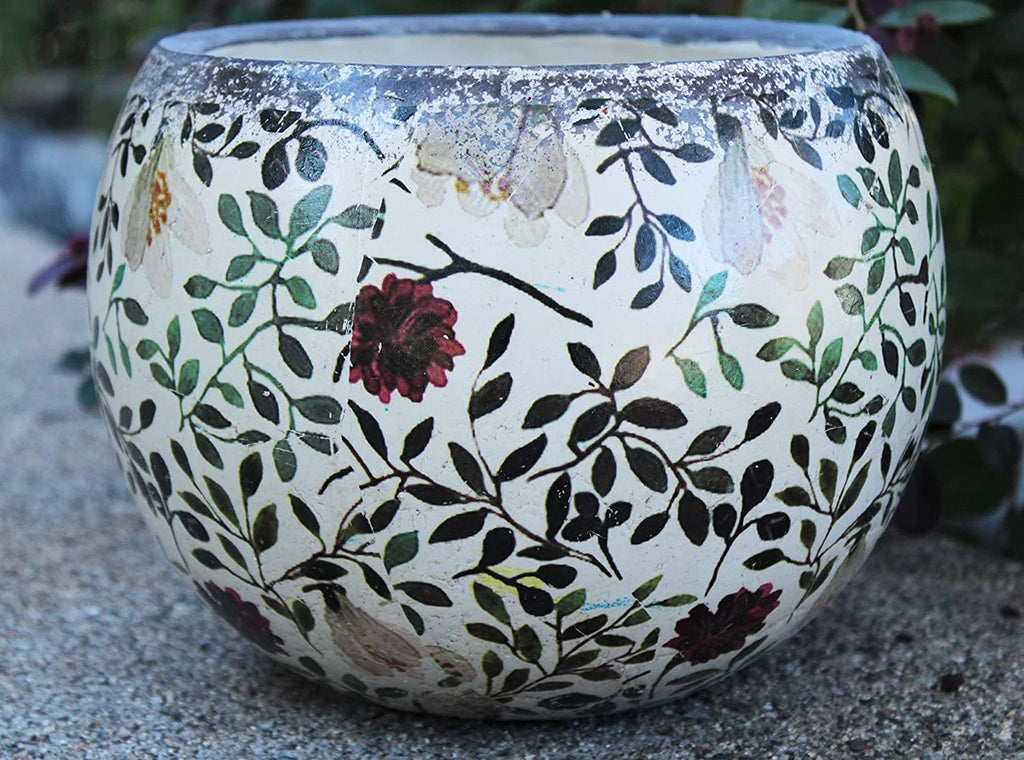 Ceramic round planters for garden, floral print L8346