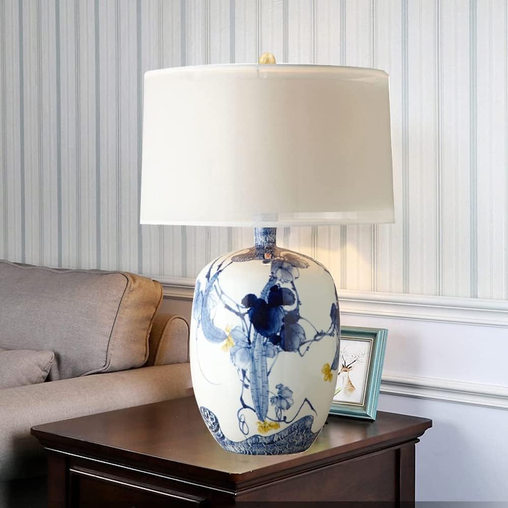 Blue and White Porcelain Table Lamp with Drum Shade P937234