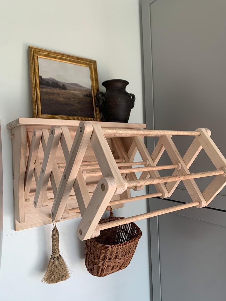 Handmade Wooden Shelf Wall Mounted Clothing Drying Rack COLLAPSABLE with Peg Hooks 21” x 16”