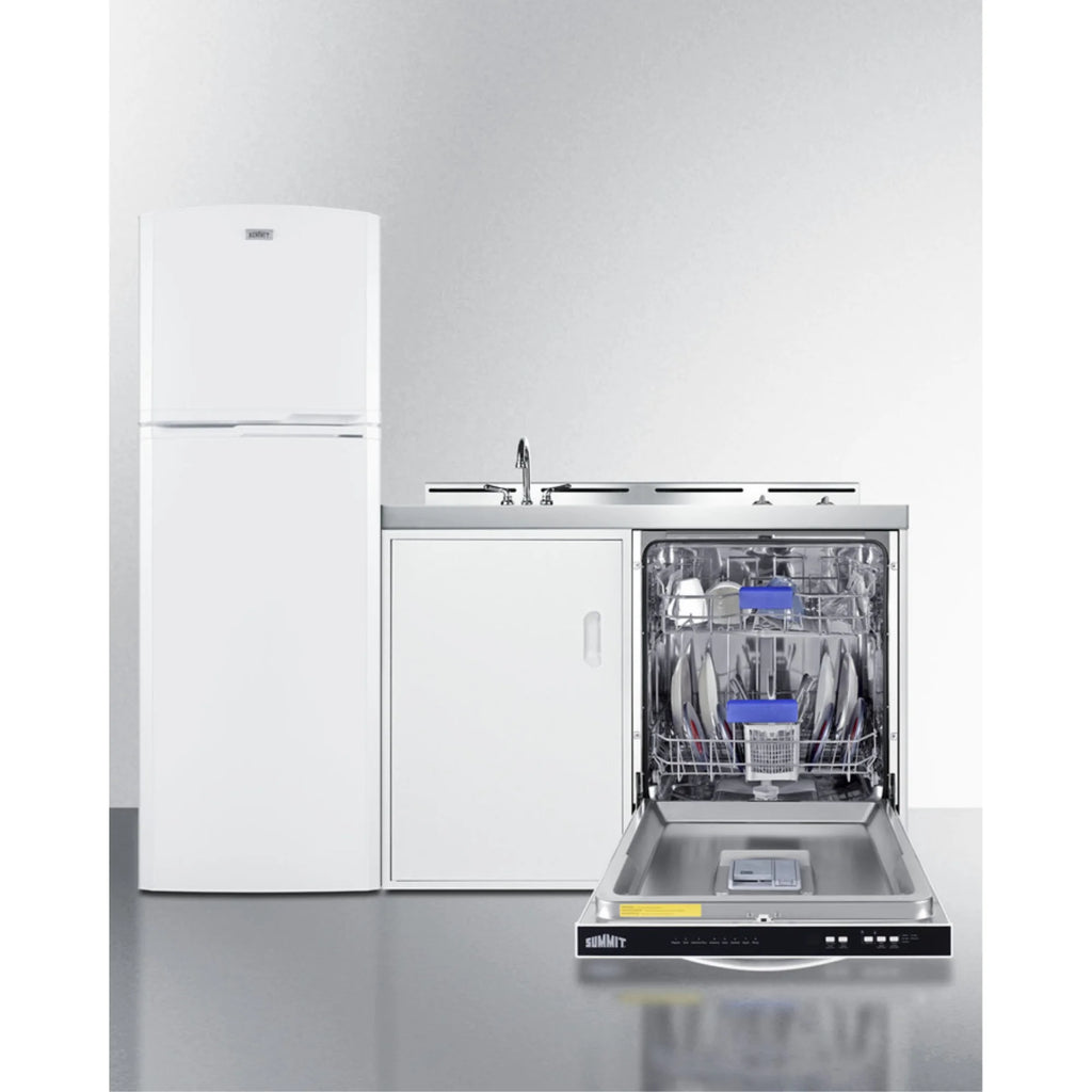 All-in-one kitchenette with full-size fridge, dishwasher, sink, and 2-burner cooktop C267639