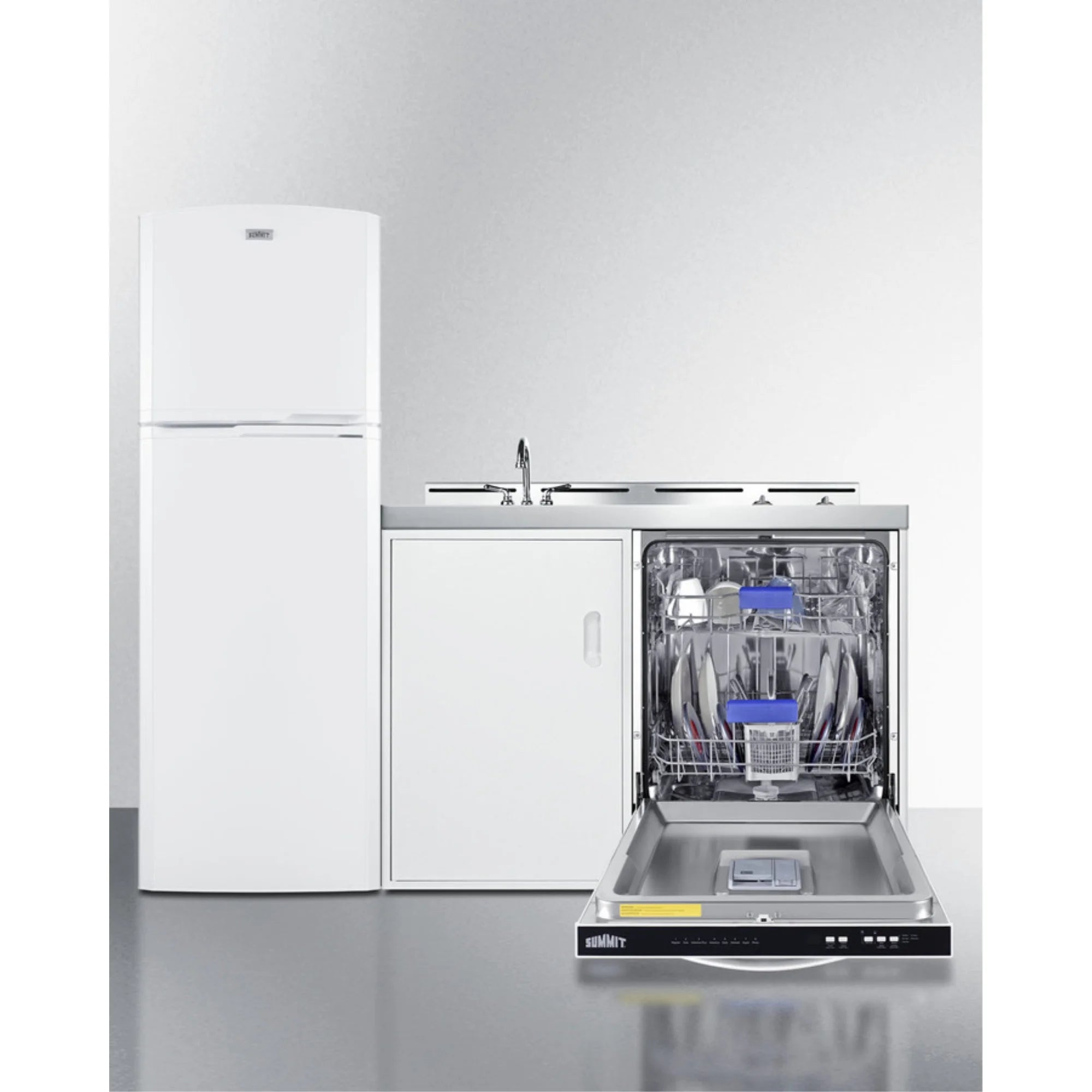 All-in-one kitchenette with full-size fridge, dishwasher, sink, and 2-burner cooktop C267639