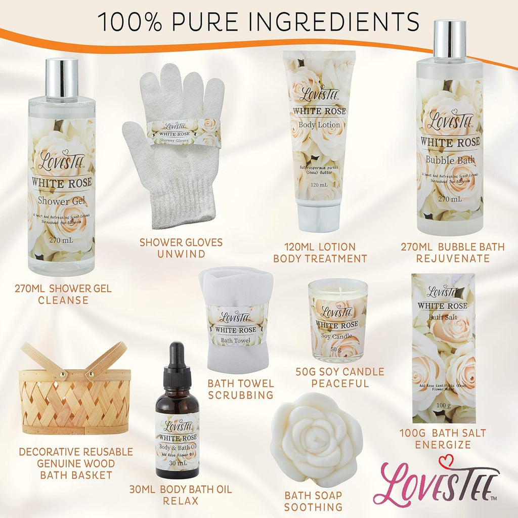 Spa Gift Basket for Women, White Rose Body Lotion, Shower Gel, Bath Salt, Candle B430