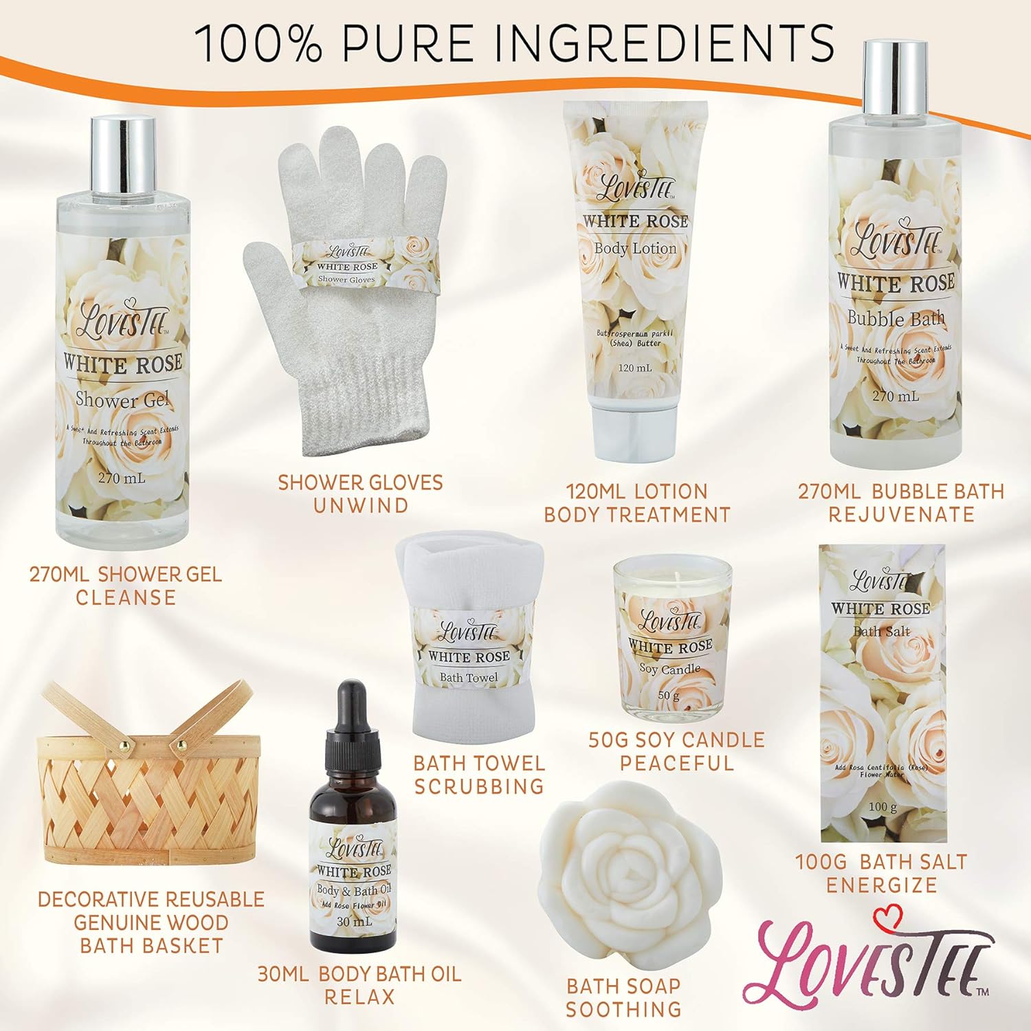 Spa Gift Basket for Women, White Rose Body Lotion, Shower Gel, Bath Salt, Candle B430