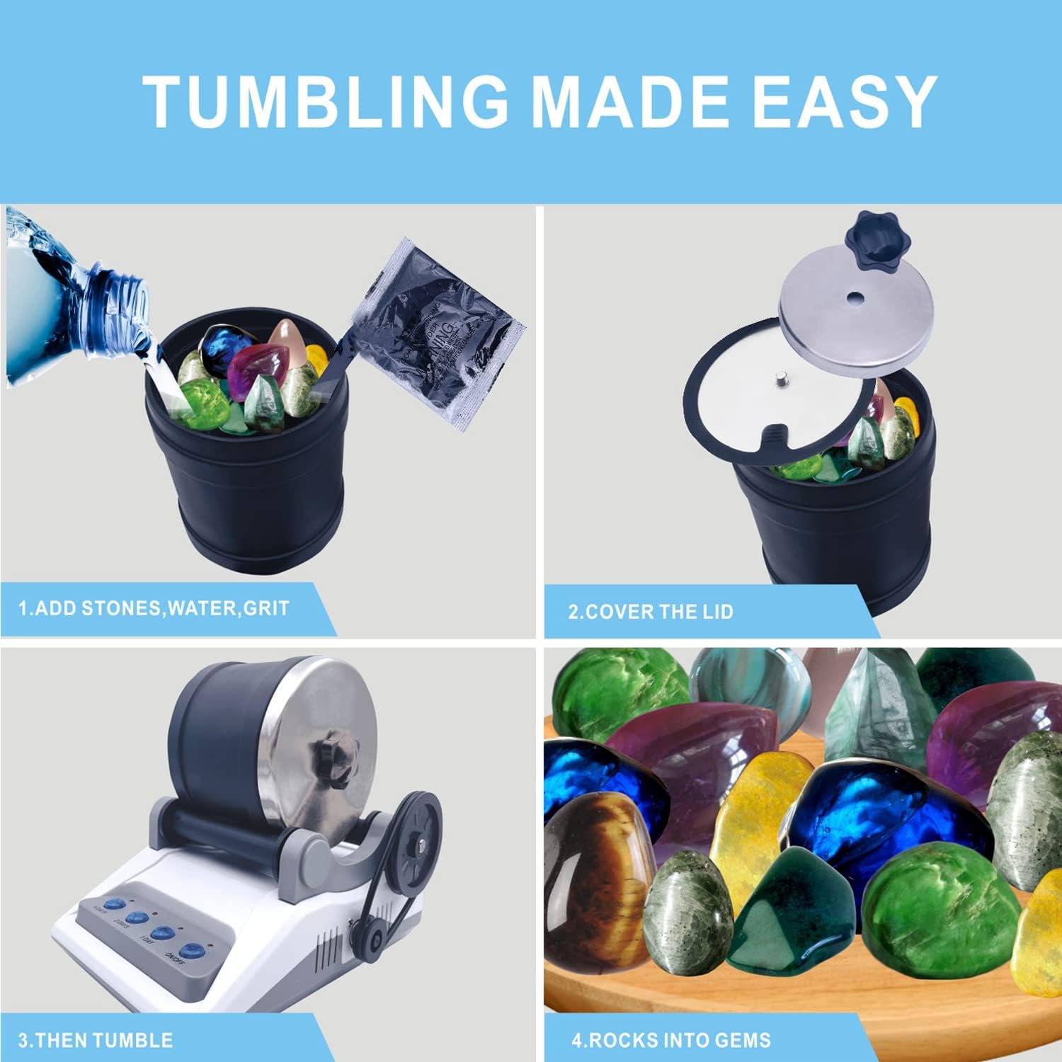 Rock Polisher Tumbler Kit with Rough Stones, Polishing Sands, and Jewelry Fasteners H86732