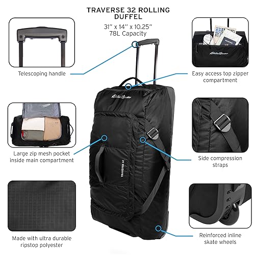 Rolling Duffel Bag with Telescoping Handle, Ripstop Polyester, 78L W611