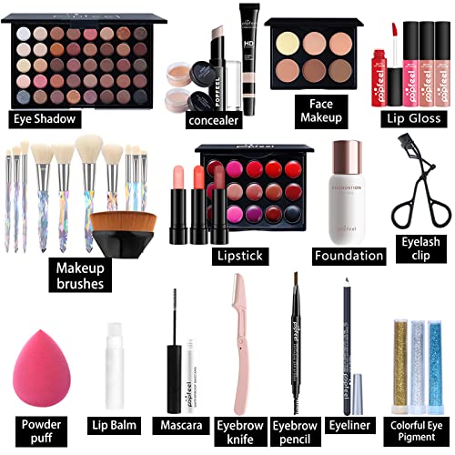 Holiday Makeup Gift Set for Women with Eyeshadow, Lipstick, Blush, Foundation, Mascara and Brush K52034