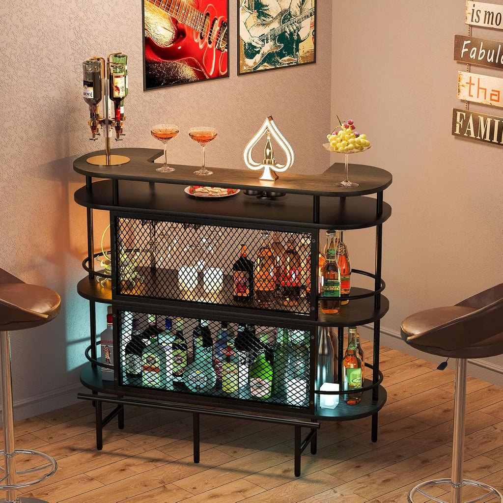 Bar Cabinet with Storage Shelves, Wine Glasses Holder, Black and Walnut P4787