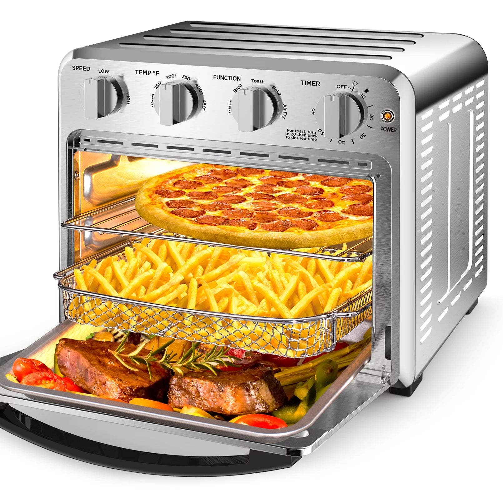 16QT Air Fryer Oven,DFITO Chef Air Fryer Toaster Oven Combo, 4 Slice Toaster Convection Air Fryer, Oil-Free, Accessories Included,Silver