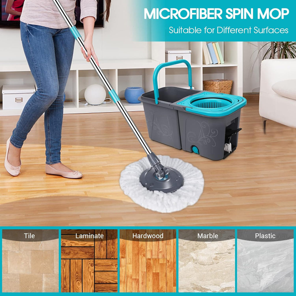 Spin Mop and Bucket with Wringer Set, Microfiber Floor Cleaning System with 6 Refills C2536