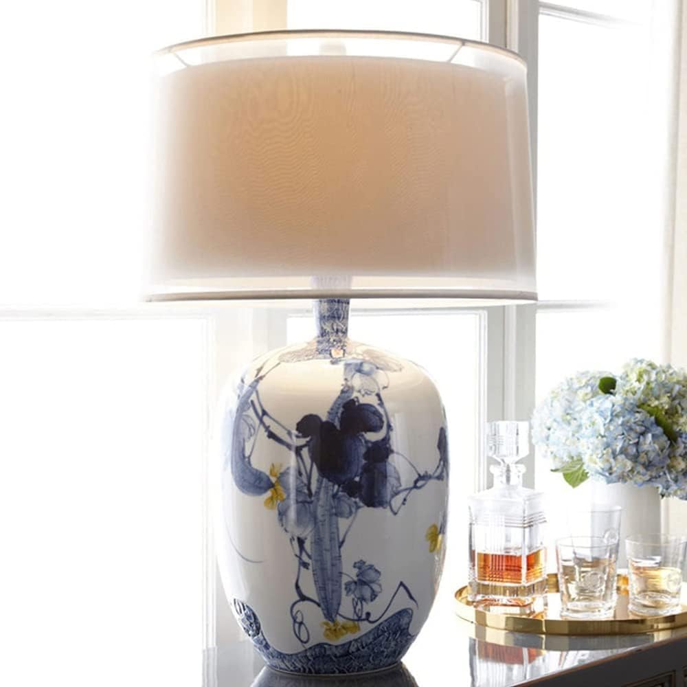 Blue and White Porcelain Table Lamp with Drum Shade P937234