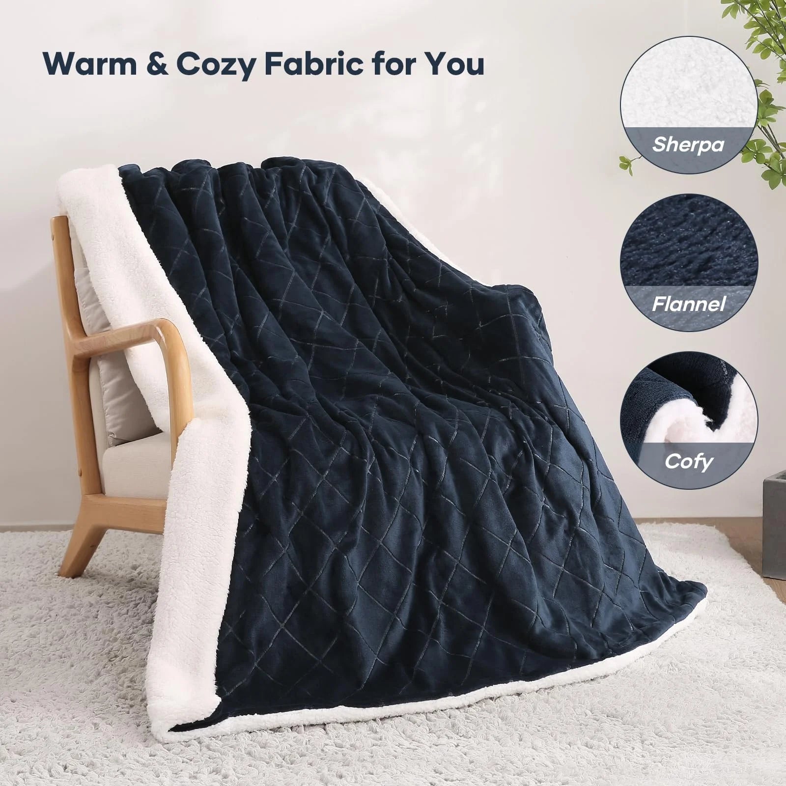 Electric Heated Throw Blanket with 6 Heating Levels, 4 Timers, Dark Blue Flannel & Sherpa 50"x60" S57859